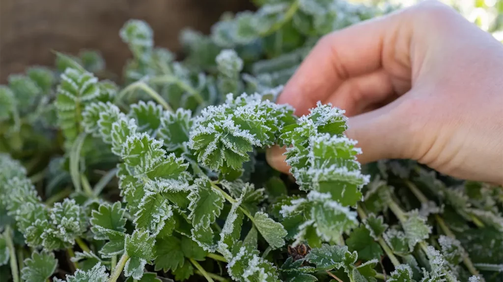 Hand, die im November eine mit Reif überzogene Wildpflanze berührt – Symbol für winterliche Wildkräuter nach dem Frost