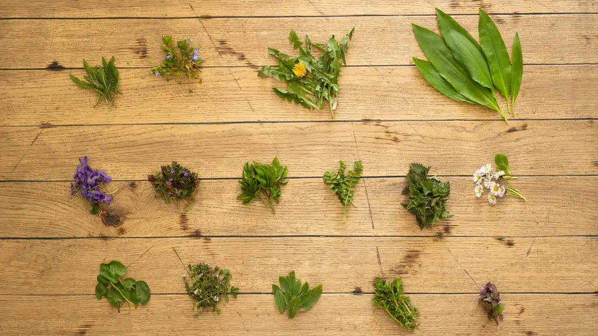 Wildkräuter im März Übersicht – frische essbare Frühlingskräuter auf Holzuntergrund ausgelegt