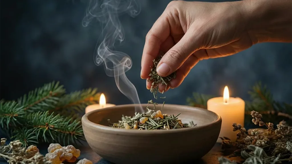 Weibliche Hand räuchert Kräuter in einer Schale bei Kerzenlicht zur Wintersonnenwende im Dezember