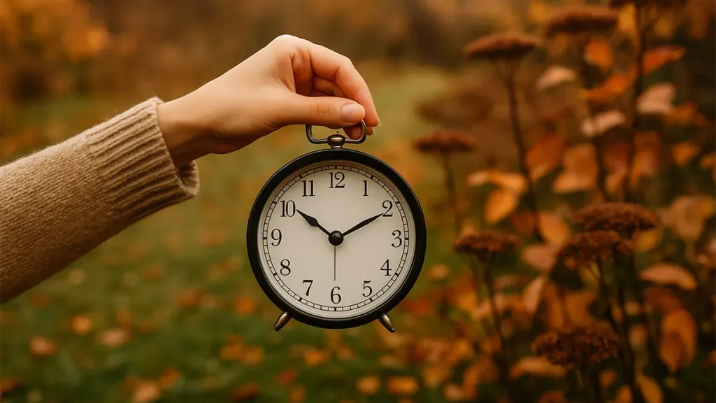 Eine Frau hält in einem herbstlichen Garten eine Uhr in der Hand – Symbol für die Zeitumstellung und den natürlichen Rhythmus der Jahreszeiten.